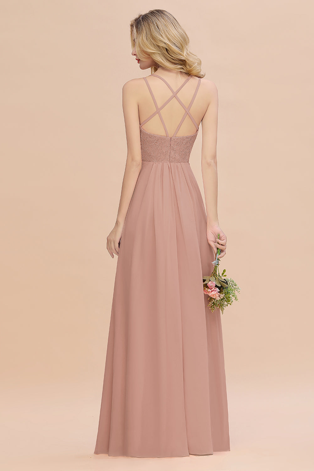 Modest Chiffon Bridesmaid Dress Aline V-neck Front Spit Lace Wedding Guest Dress Long