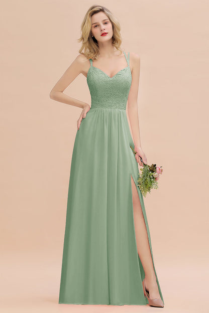 Modest Chiffon Bridesmaid Dress Aline V-neck Front Spit Lace Wedding Guest Dress Long