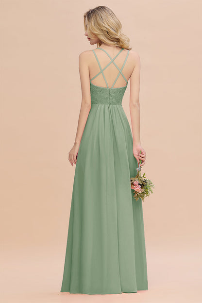 Modest Chiffon Bridesmaid Dress Aline V-neck Front Spit Lace Wedding Guest Dress Long