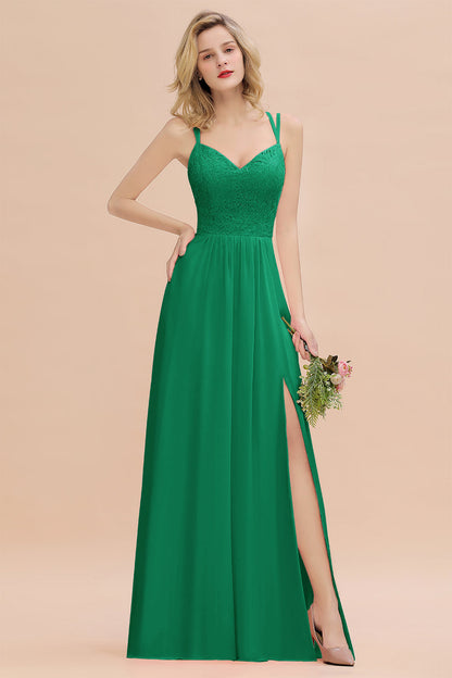 Modest Chiffon Bridesmaid Dress Aline V-neck Front Spit Lace Wedding Guest Dress Long