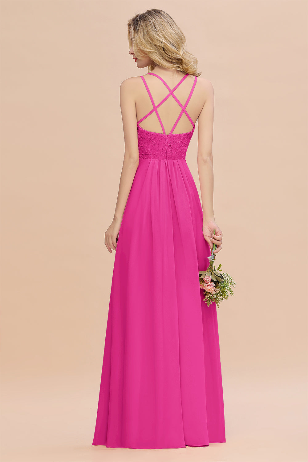 Modest Chiffon Bridesmaid Dress Aline V-neck Front Spit Lace Wedding Guest Dress Long