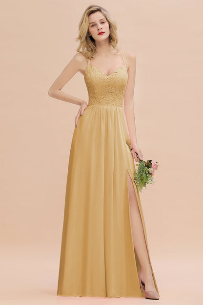 Modest Chiffon Bridesmaid Dress Aline V-neck Front Spit Lace Wedding Guest Dress Long