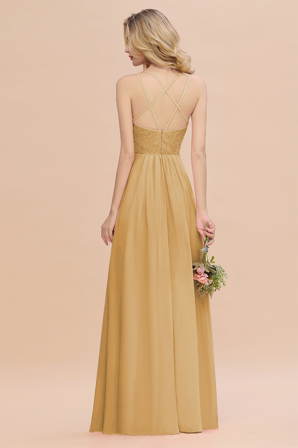 Modest Chiffon Bridesmaid Dress Aline V-neck Front Spit Lace Wedding Guest Dress Long