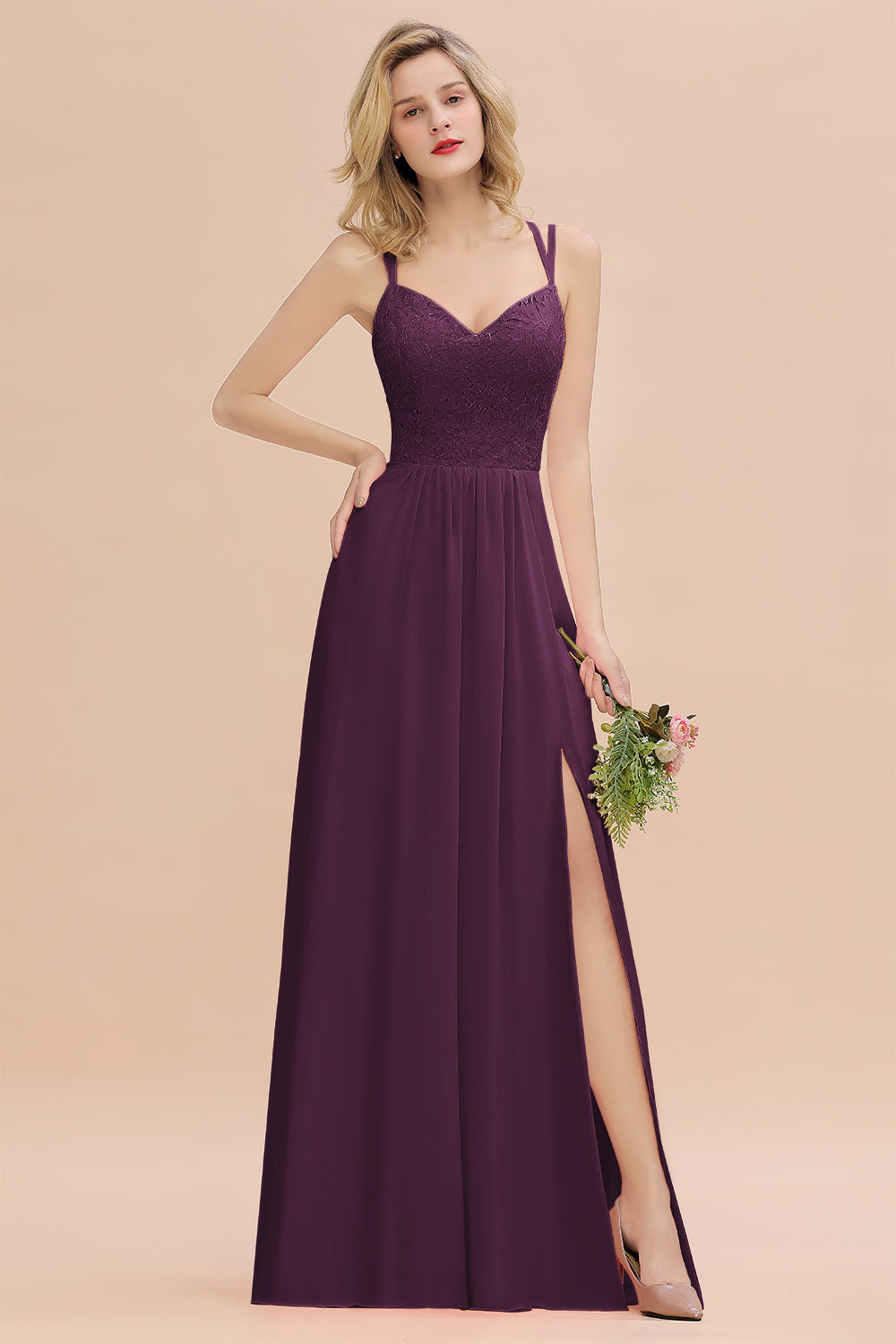 Modest Chiffon Bridesmaid Dress Aline V-neck Front Spit Lace Wedding Guest Dress Long