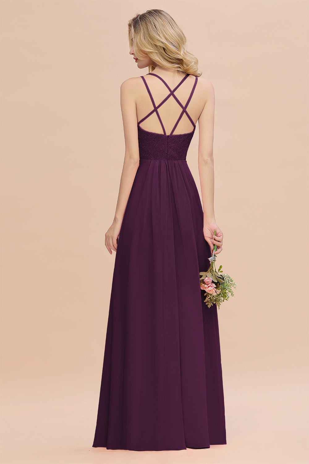 Modest Chiffon Bridesmaid Dress Aline V-neck Front Spit Lace Wedding Guest Dress Long