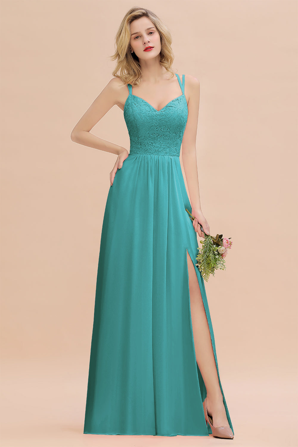 Modest Chiffon Bridesmaid Dress Aline V-neck Front Spit Lace Wedding Guest Dress Long