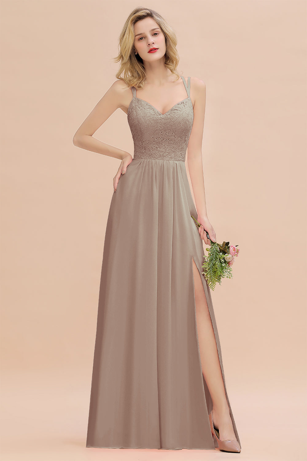 Modest Chiffon Bridesmaid Dress Aline V-neck Front Spit Lace Wedding Guest Dress Long