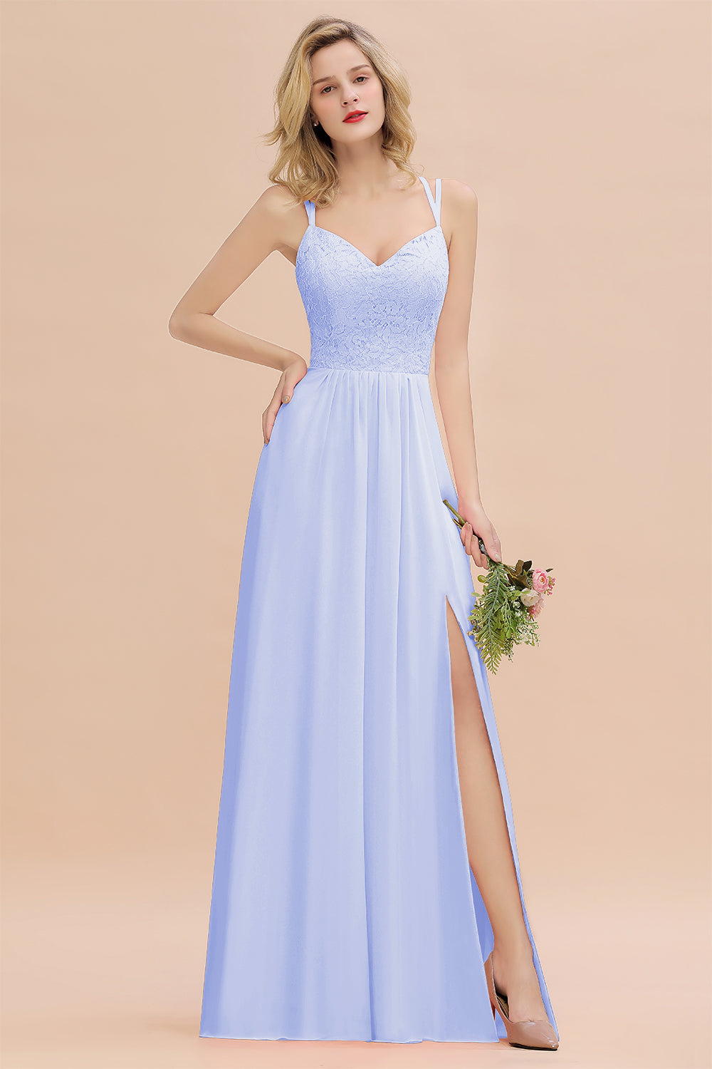 Modest Chiffon Bridesmaid Dress Aline V-neck Front Spit Lace Wedding Guest Dress Long