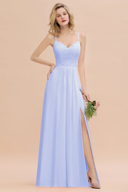 Modest Chiffon Bridesmaid Dress Aline V-neck Front Spit Lace Wedding Guest Dress Long
