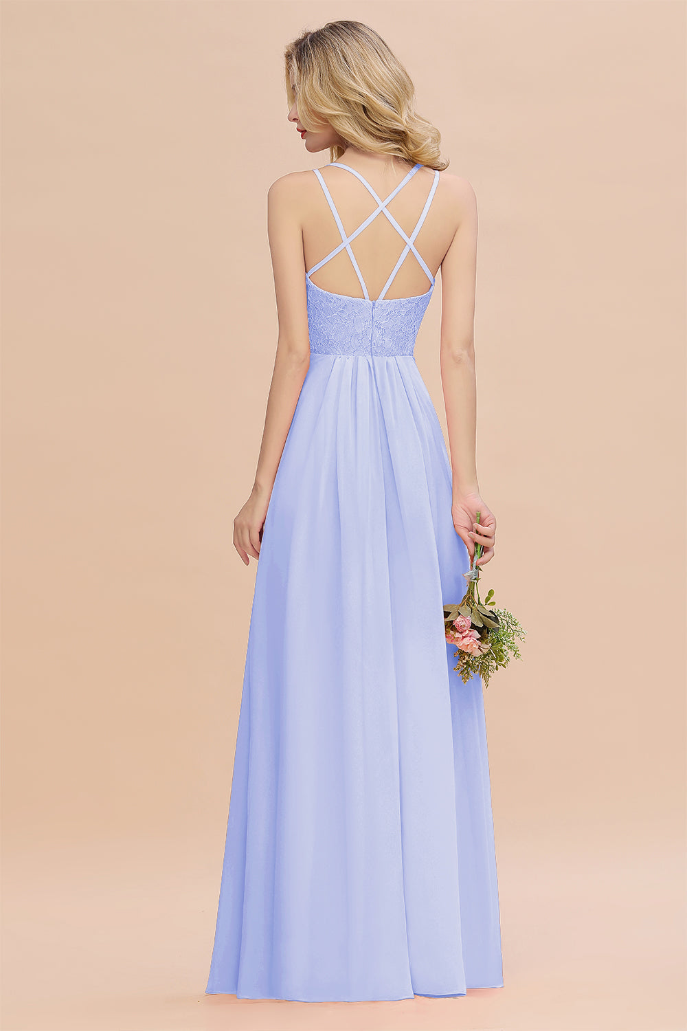 Modest Chiffon Bridesmaid Dress Aline V-neck Front Spit Lace Wedding Guest Dress Long