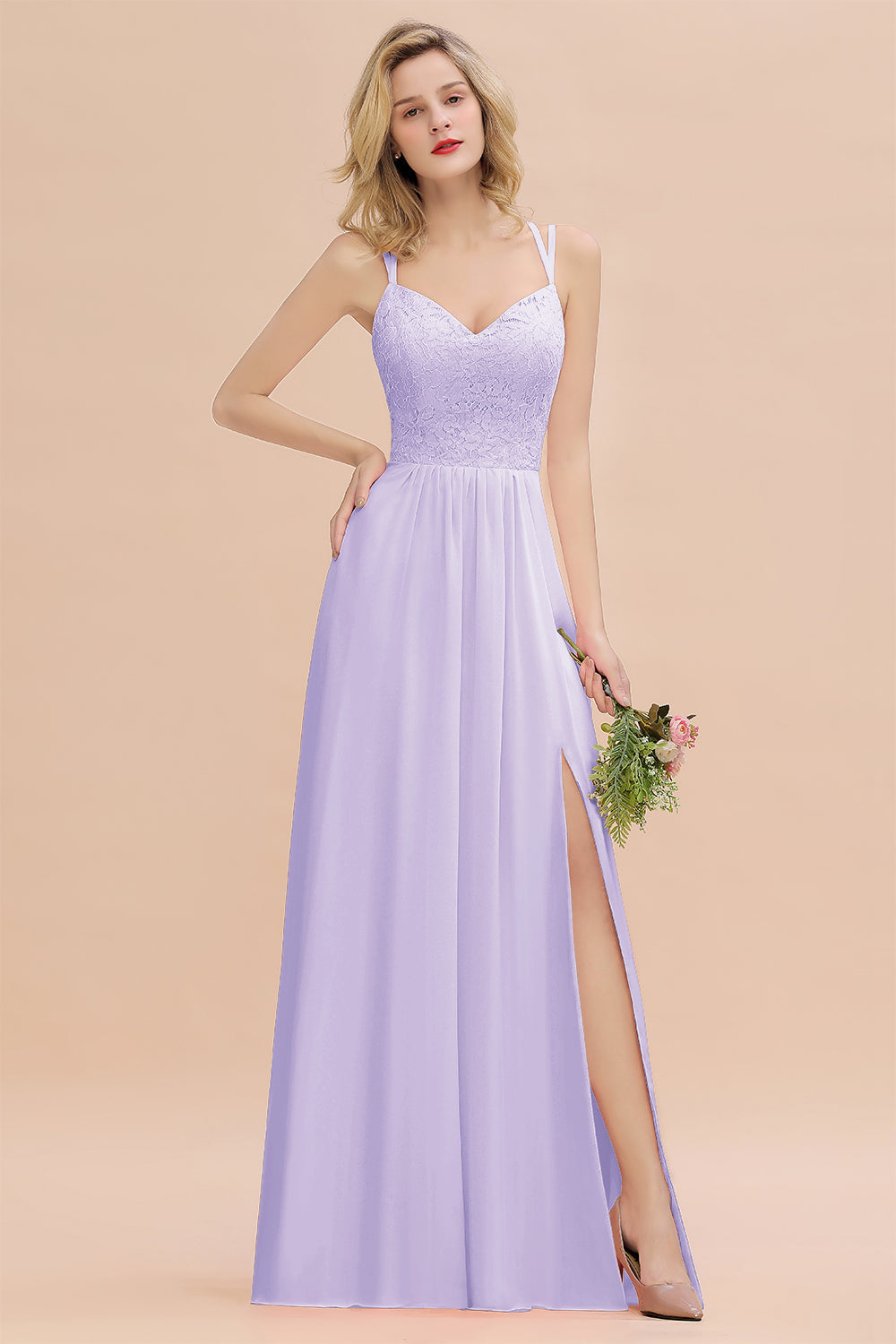 Modest Chiffon Bridesmaid Dress Aline V-neck Front Spit Lace Wedding Guest Dress Long