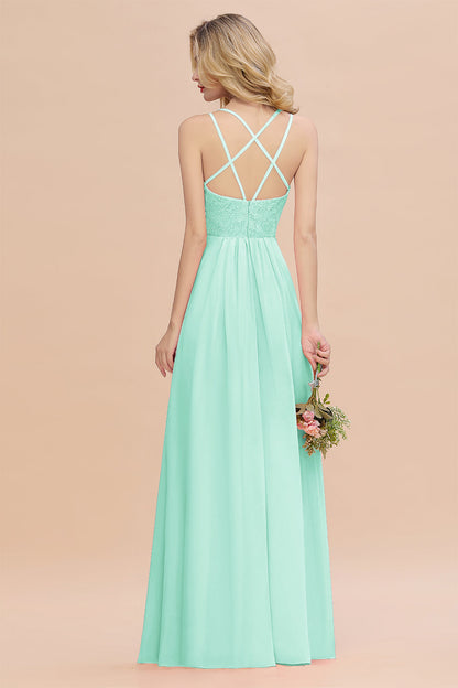 Modest Chiffon Bridesmaid Dress Aline V-neck Front Spit Lace Wedding Guest Dress Long