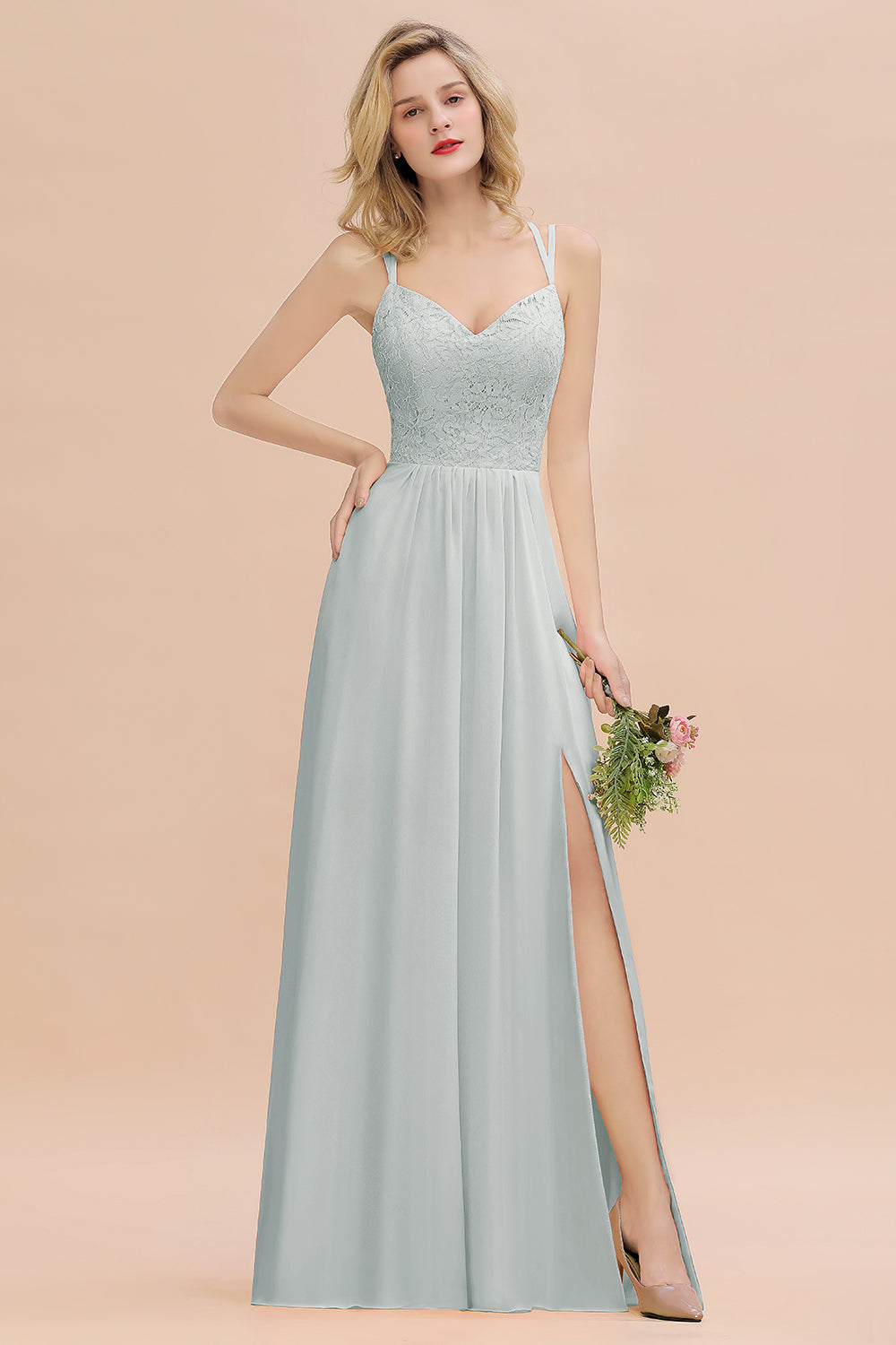 Modest Chiffon Bridesmaid Dress Aline V-neck Front Spit Lace Wedding Guest Dress Long