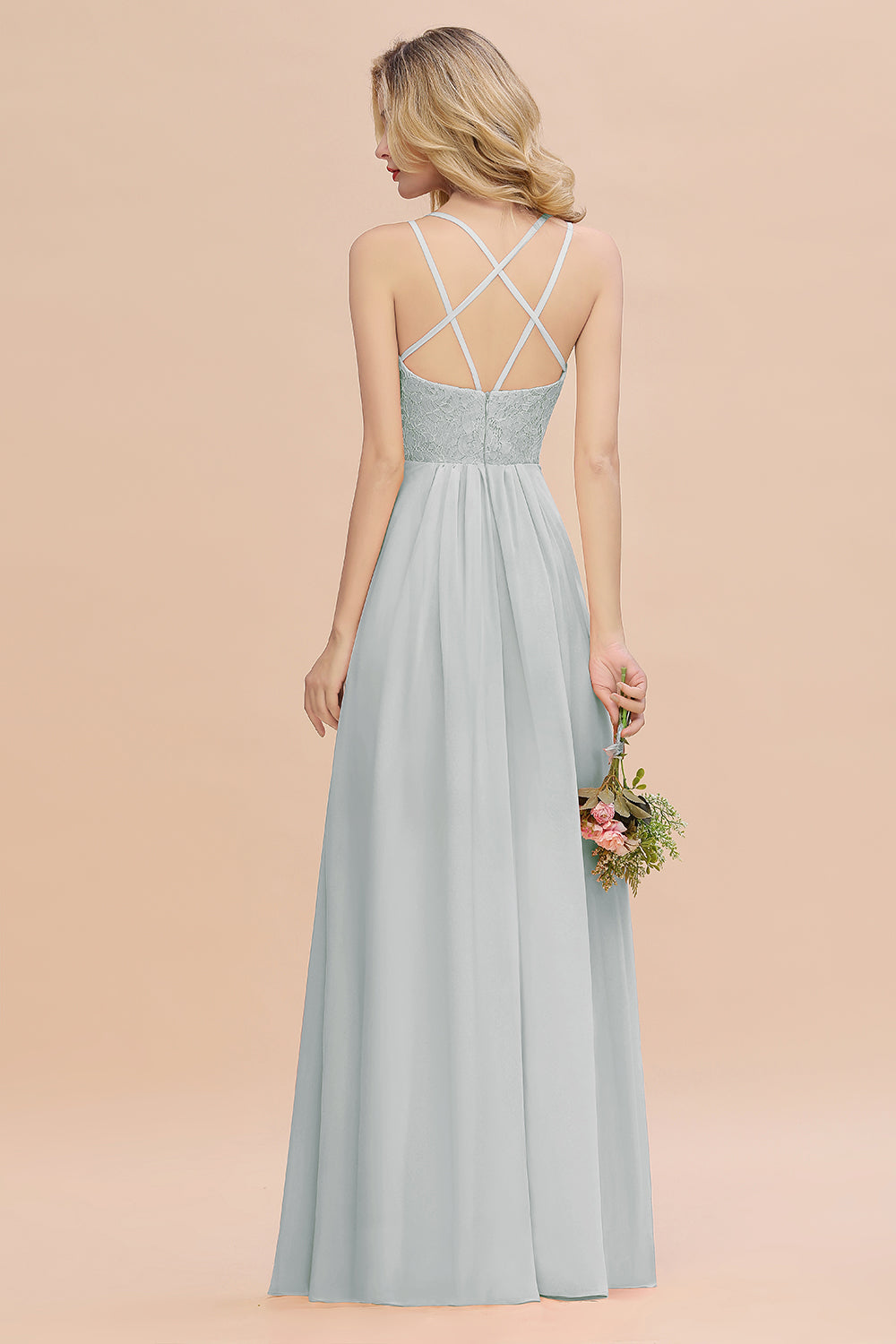 Modest Chiffon Bridesmaid Dress Aline V-neck Front Spit Lace Wedding Guest Dress Long