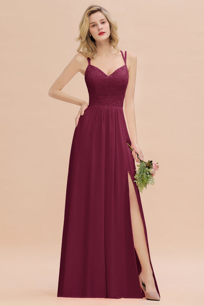 Modest Chiffon Bridesmaid Dress Aline V-neck Front Spit Lace Wedding Guest Dress Long