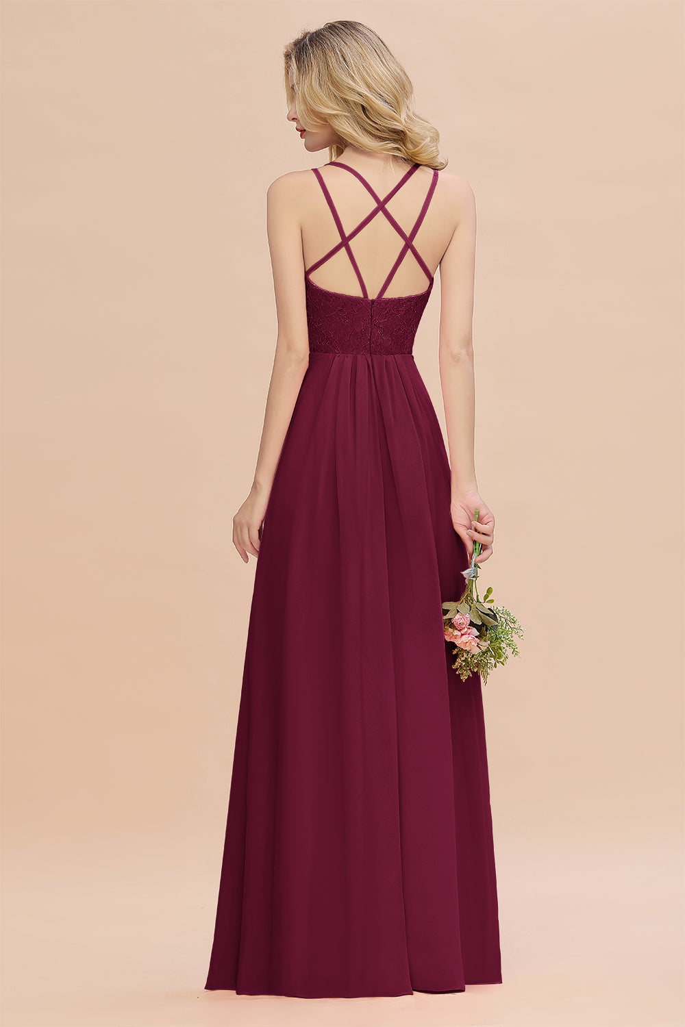Modest Chiffon Bridesmaid Dress Aline V-neck Front Spit Lace Wedding Guest Dress Long