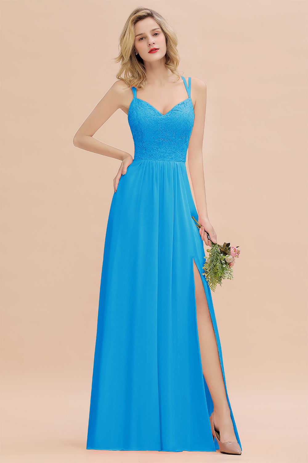 Modest Chiffon Bridesmaid Dress Aline V-neck Front Spit Lace Wedding Guest Dress Long