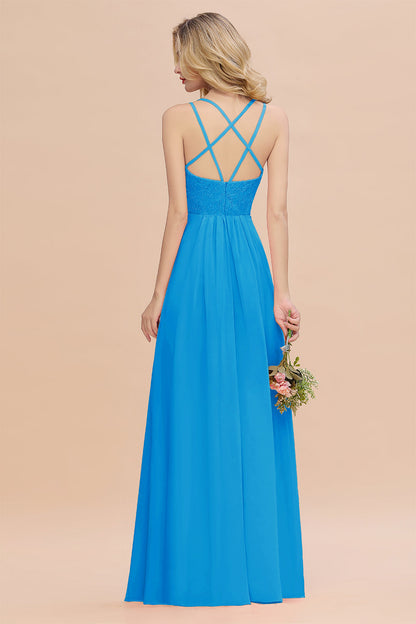 Modest Chiffon Bridesmaid Dress Aline V-neck Front Spit Lace Wedding Guest Dress Long