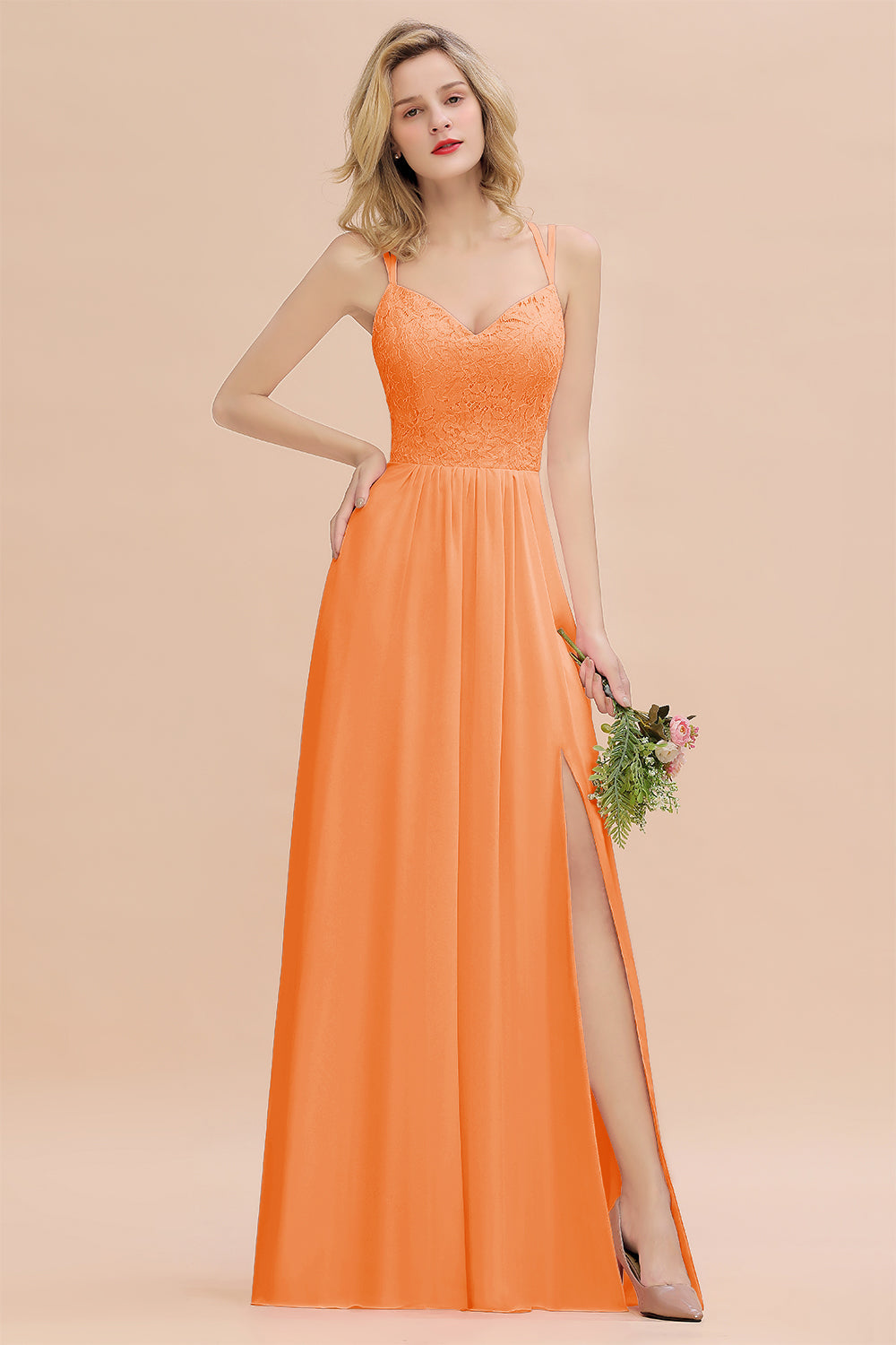 Modest Chiffon Bridesmaid Dress Aline V-neck Front Spit Lace Wedding Guest Dress Long