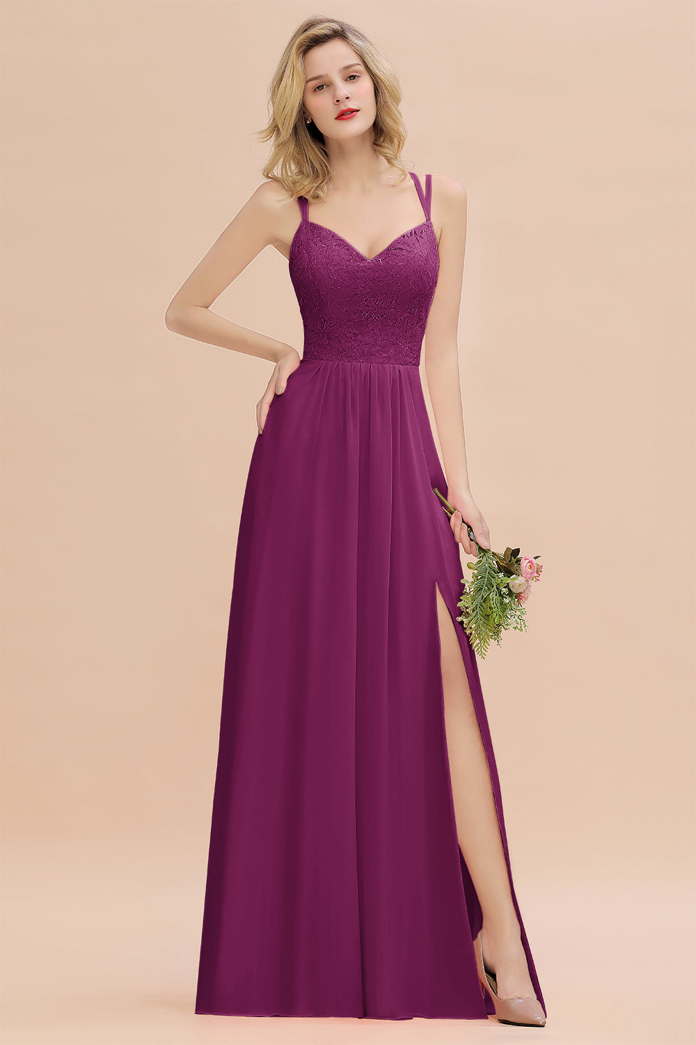 Modest Chiffon Bridesmaid Dress Aline V-neck Front Spit Lace Wedding Guest Dress Long