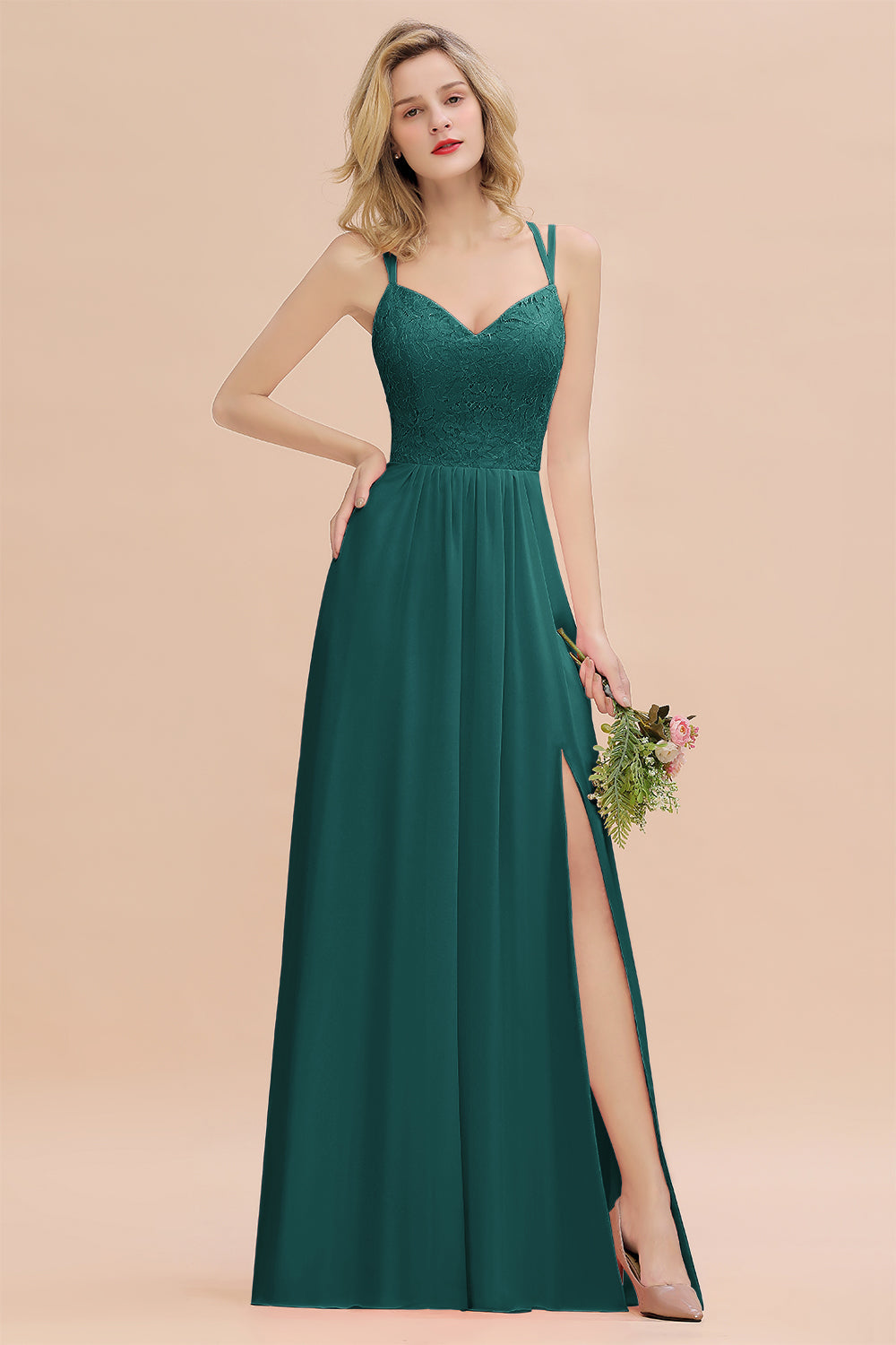 Modest Chiffon Bridesmaid Dress Aline V-neck Front Spit Lace Wedding Guest Dress Long