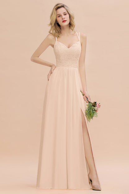 Modest Chiffon Bridesmaid Dress Aline V-neck Front Spit Lace Wedding Guest Dress Long