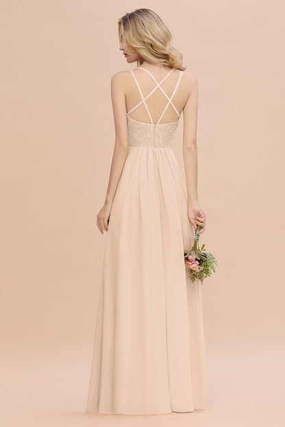 Modest Chiffon Bridesmaid Dress Aline V-neck Front Spit Lace Wedding Guest Dress Long