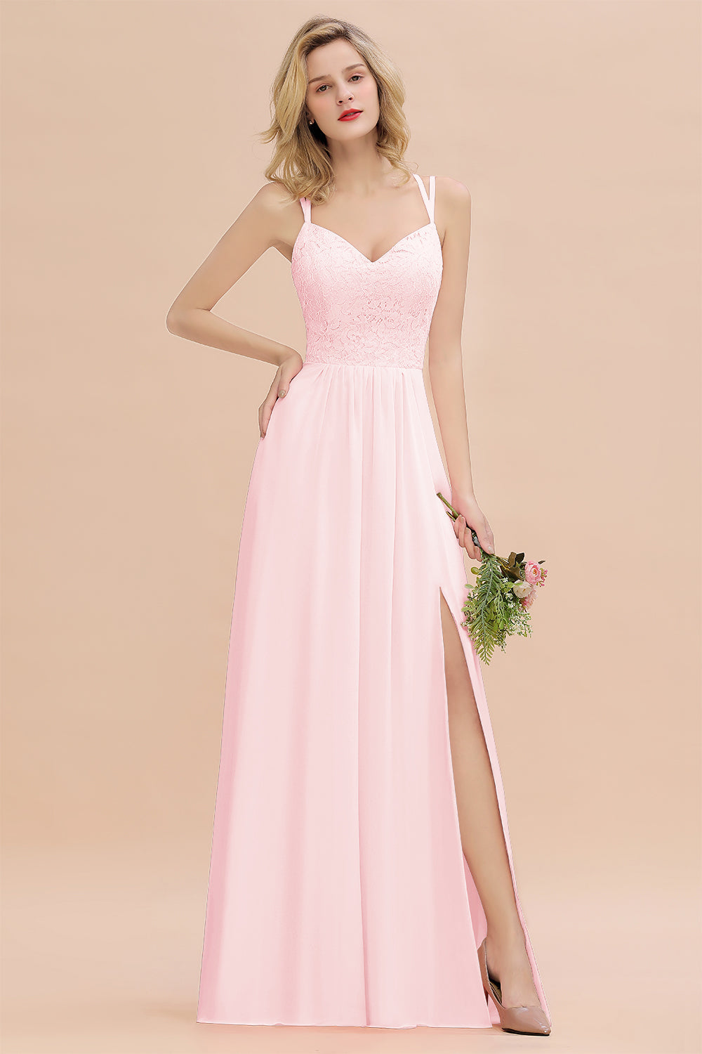Modest Chiffon Bridesmaid Dress Aline V-neck Front Spit Lace Wedding Guest Dress Long