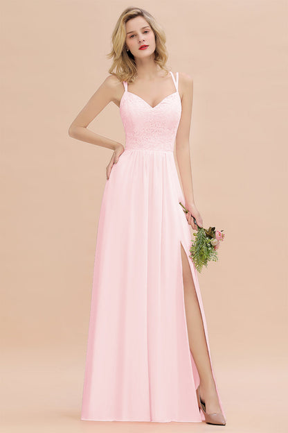 Modest Chiffon Bridesmaid Dress Aline V-neck Front Spit Lace Wedding Guest Dress Long