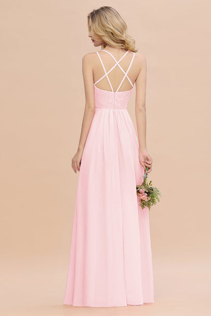 Modest Chiffon Bridesmaid Dress Aline V-neck Front Spit Lace Wedding Guest Dress Long