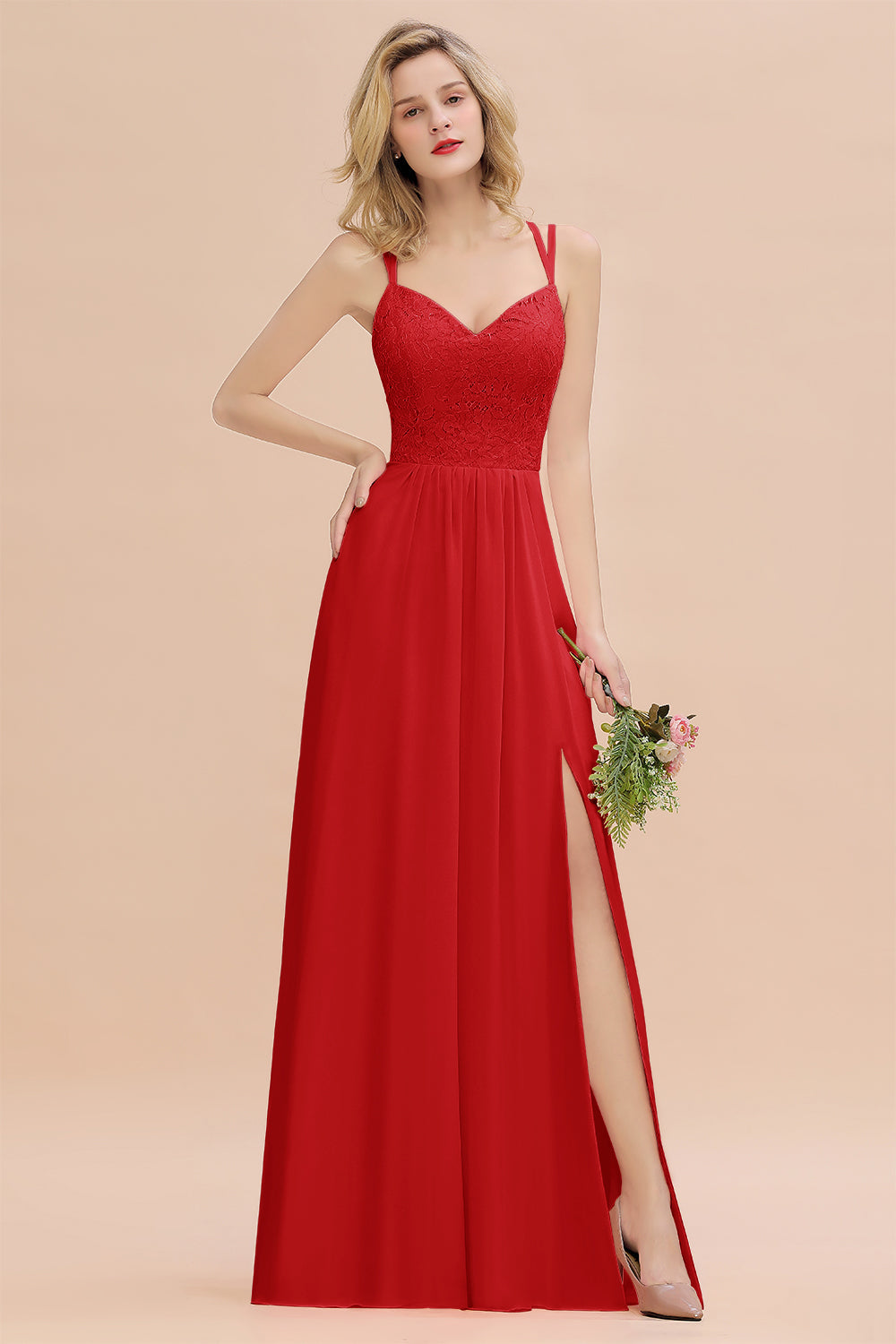 Modest Chiffon Bridesmaid Dress Aline V-neck Front Spit Lace Wedding Guest Dress Long