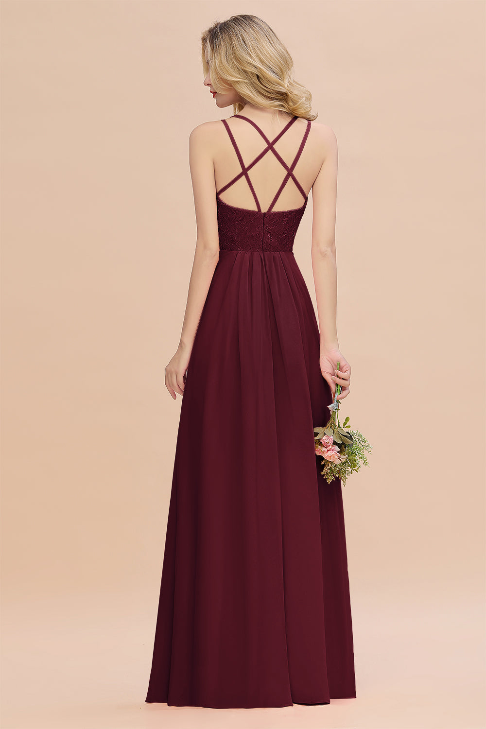 Modest Chiffon Bridesmaid Dress Aline V-neck Front Spit Lace Wedding Guest Dress Long