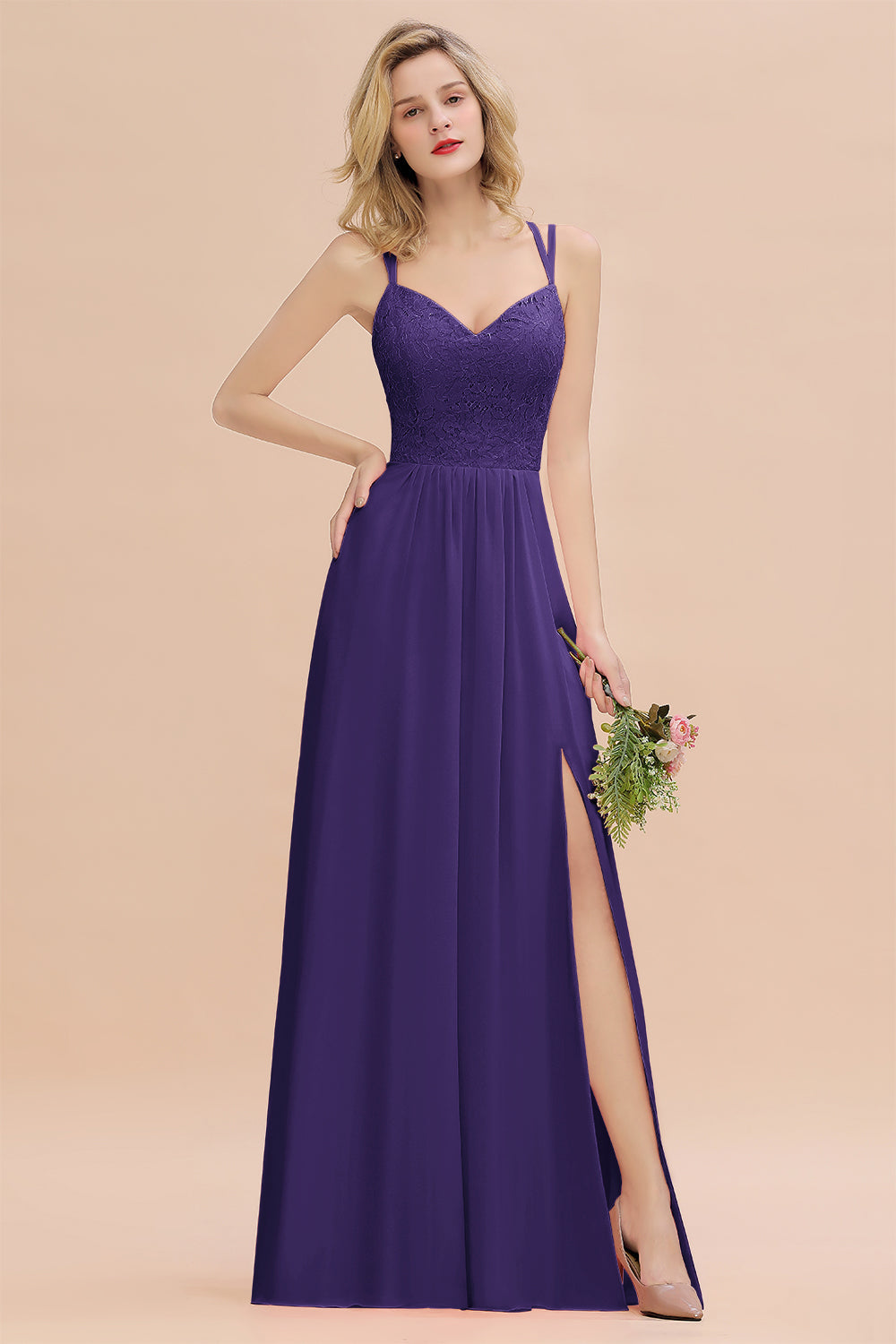 Modest Chiffon Bridesmaid Dress Aline V-neck Front Spit Lace Wedding Guest Dress Long