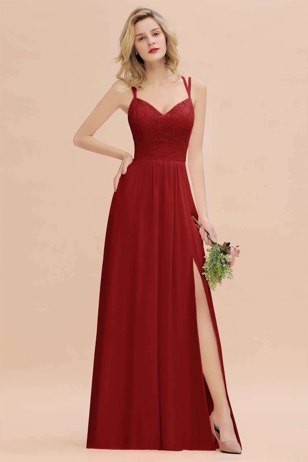 Modest Chiffon Bridesmaid Dress Aline V-neck Front Spit Lace Wedding Guest Dress Long