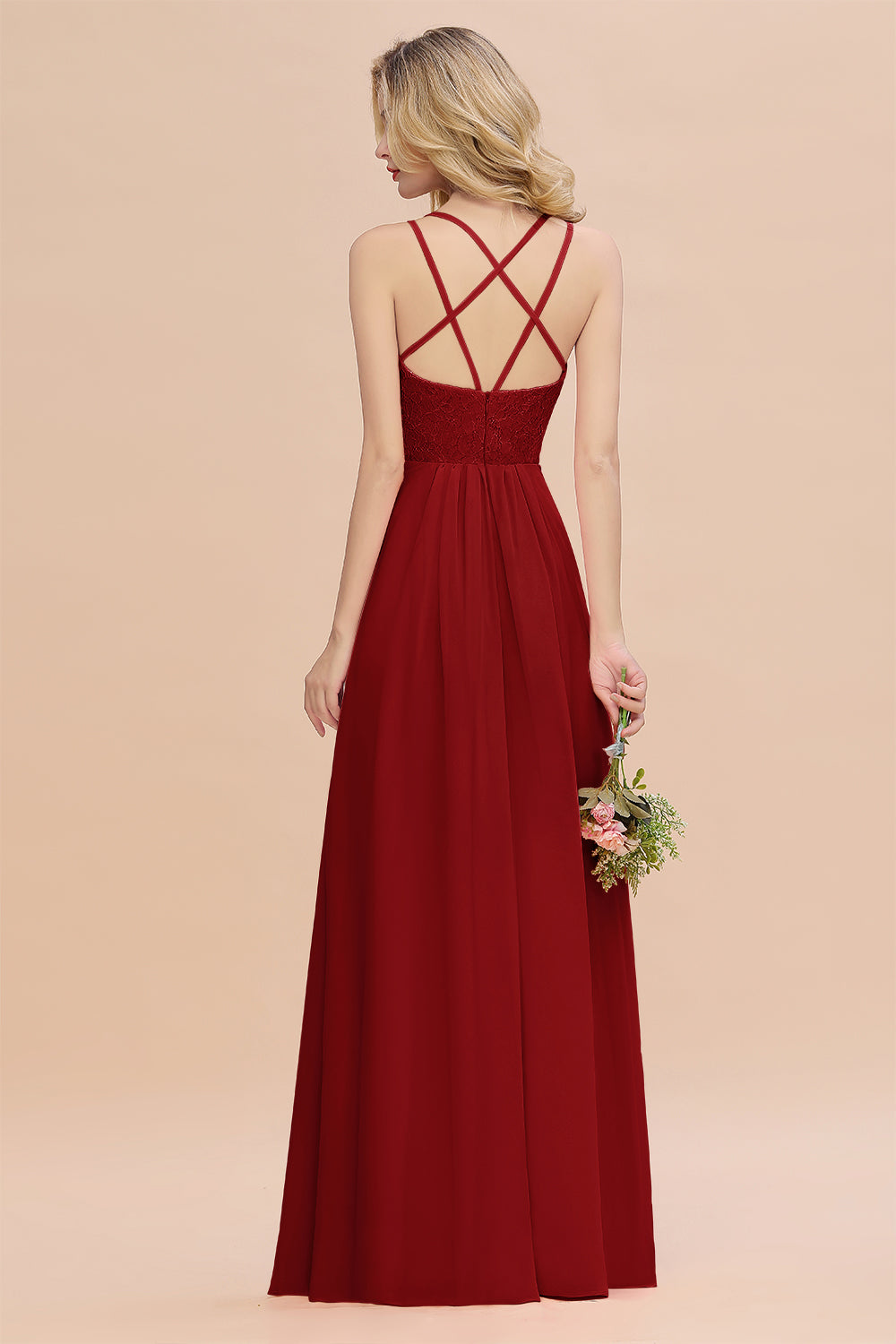 Modest Chiffon Bridesmaid Dress Aline V-neck Front Spit Lace Wedding Guest Dress Long
