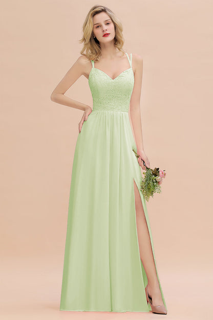 Modest Chiffon Bridesmaid Dress Aline V-neck Front Spit Lace Wedding Guest Dress Long