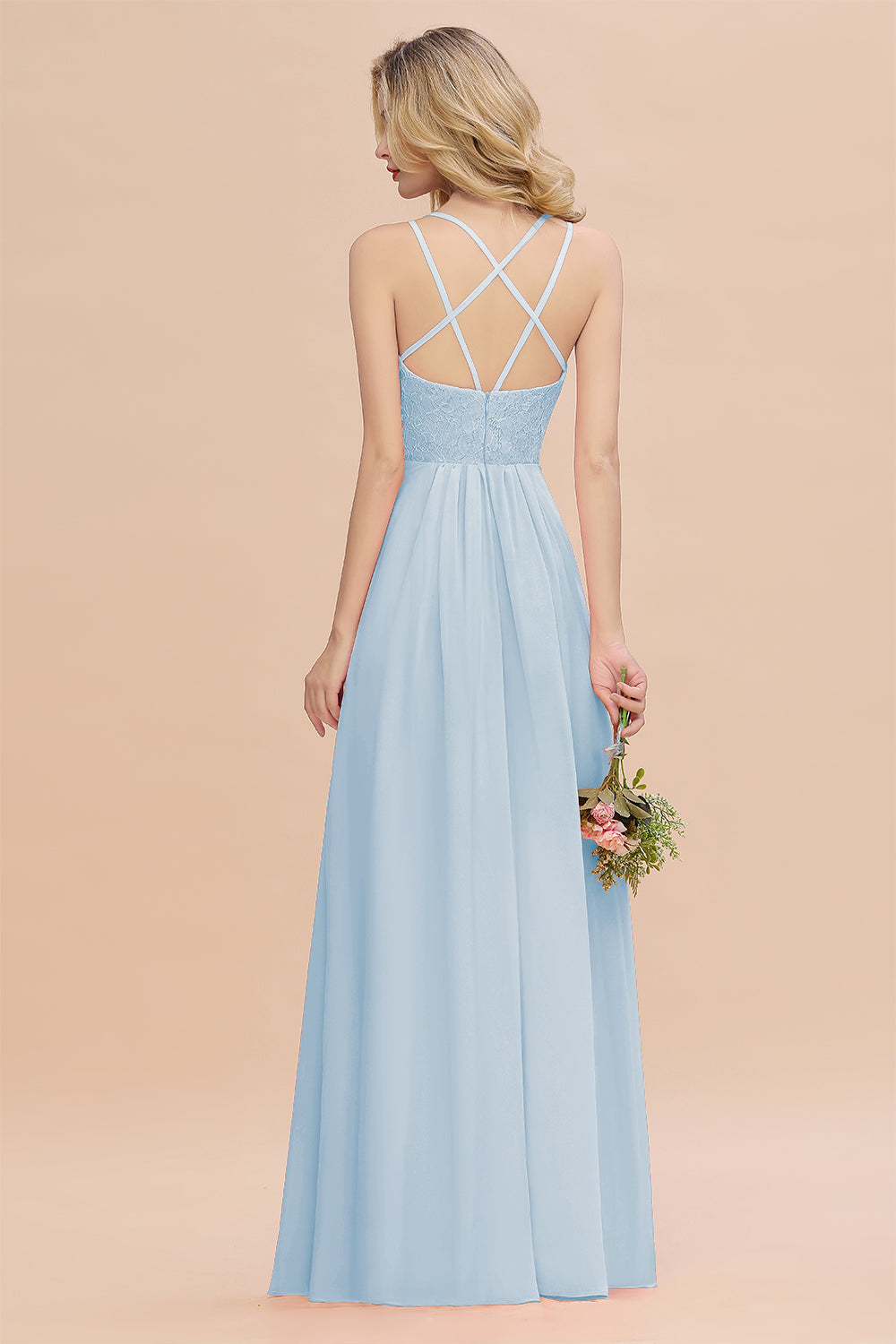 Modest Chiffon Bridesmaid Dress Aline V-neck Front Spit Lace Wedding Guest Dress Long