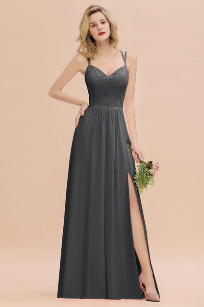 Modest Chiffon Bridesmaid Dress Aline V-neck Front Spit Lace Wedding Guest Dress Long