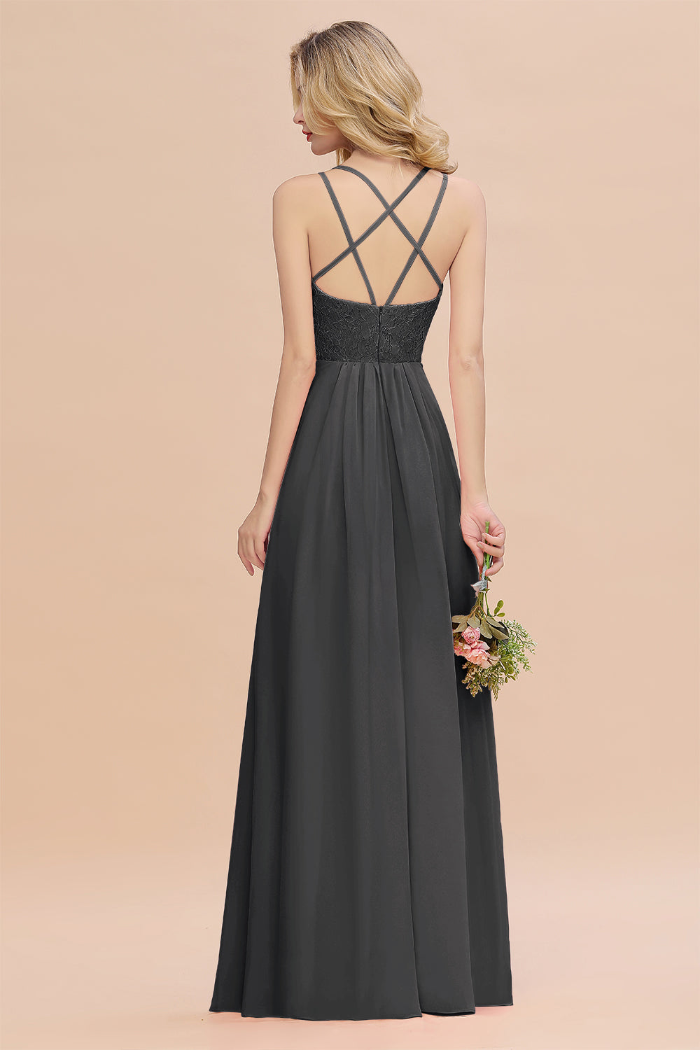 Modest Chiffon Bridesmaid Dress Aline V-neck Front Spit Lace Wedding Guest Dress Long
