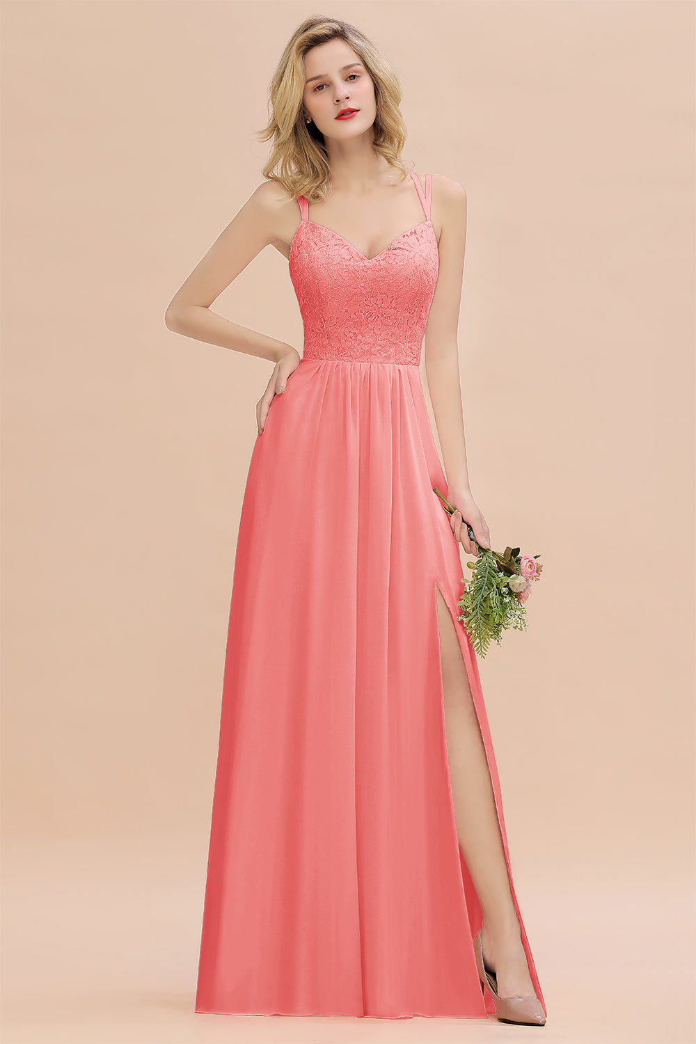 Modest Chiffon Bridesmaid Dress Aline V-neck Front Spit Lace Wedding Guest Dress Long