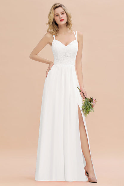 Modest Chiffon Bridesmaid Dress Aline V-neck Front Spit Lace Wedding Guest Dress Long