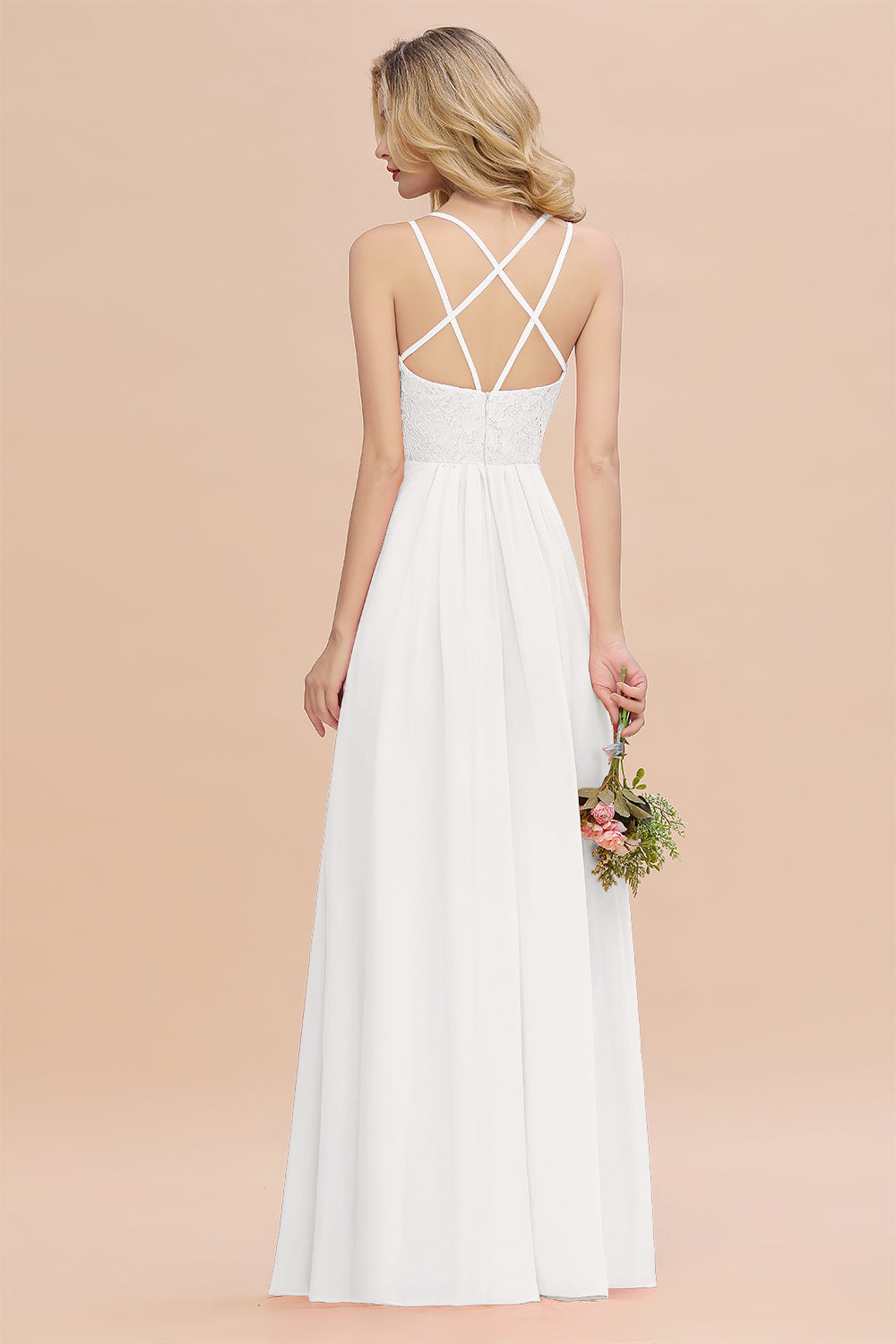 Modest Chiffon Bridesmaid Dress Aline V-neck Front Spit Lace Wedding Guest Dress Long