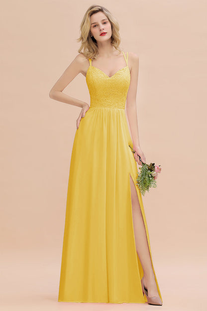 Modest Chiffon Bridesmaid Dress Aline V-neck Front Spit Lace Wedding Guest Dress Long