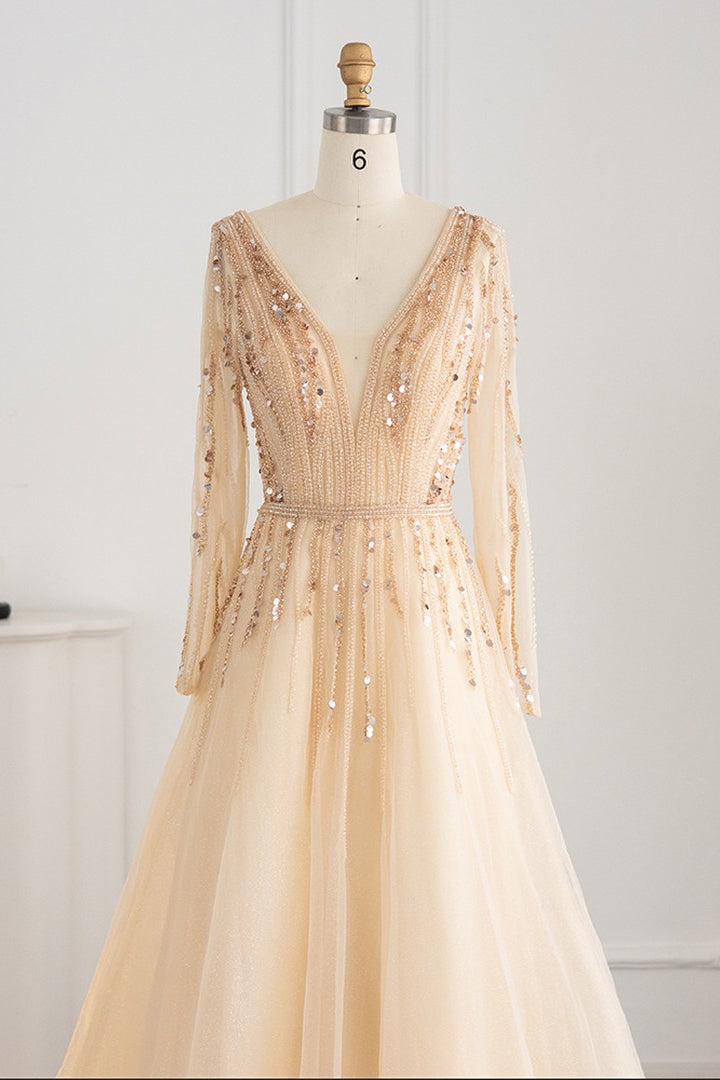 V Neck A-Line Evening Dress with Tulle & Sequins Long Sleeves
