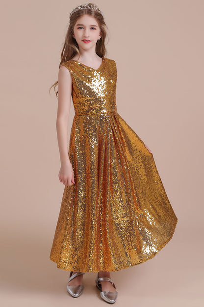 V-neck A-line Flower Girl Dress with Amazing Sequins