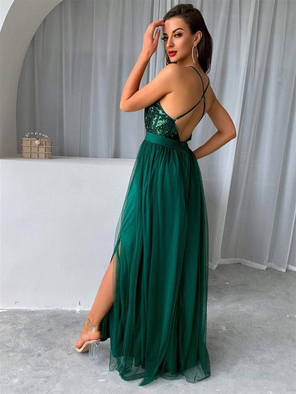 V Neck Backless Green Long Prom Dresses with Sequins Top, Backless Green Formal Graduation Evening Dresses