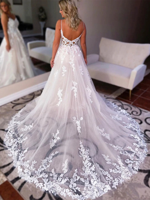 V Neck Backless Ivory Lace Wedding Dresses Tulle Aline Wedding Dress
