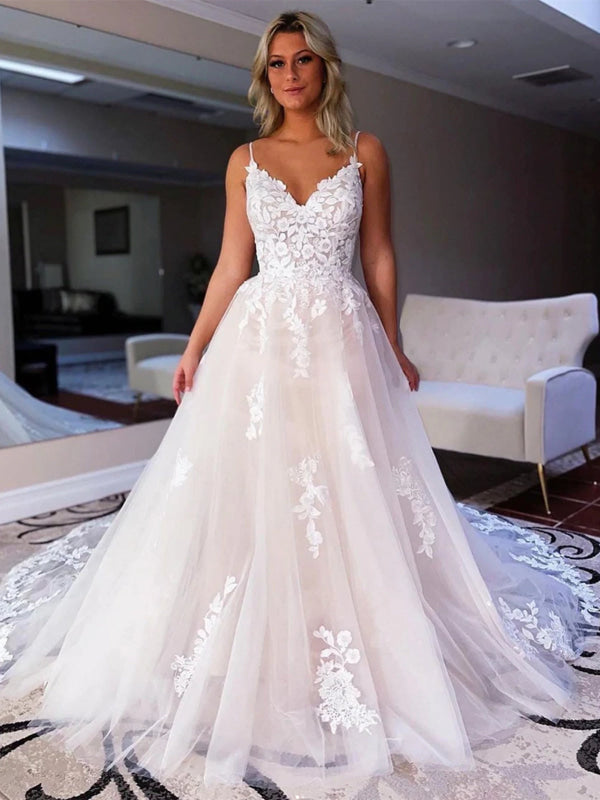 V Neck Backless Ivory Lace Wedding Dresses Tulle Aline Wedding Dress