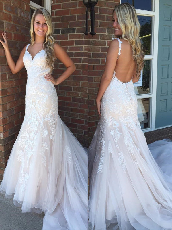 V Neck Backless Mermaid Champagne Lace Long Wedding Dresses with Train Tulle Bridal Dress