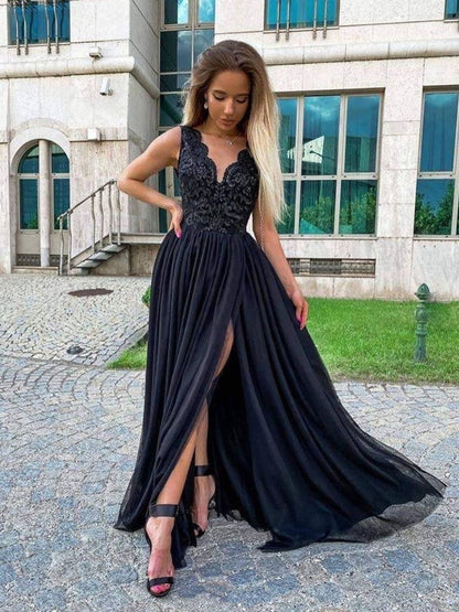 V Neck Black Lace Long Prom Dresses with High Slit Formal Graduation Evening Dresses
